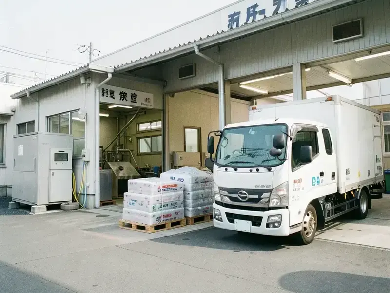 製造所の入口で再生ペレットを降ろす納品車両