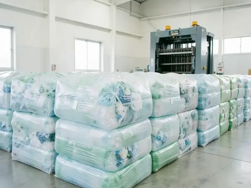 圧縮された廃プラスチックのベールが積まれた状態