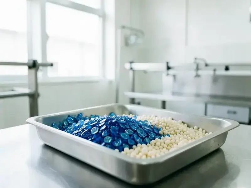 洗浄ラインで仕分けられた再生用プラスチックペレット