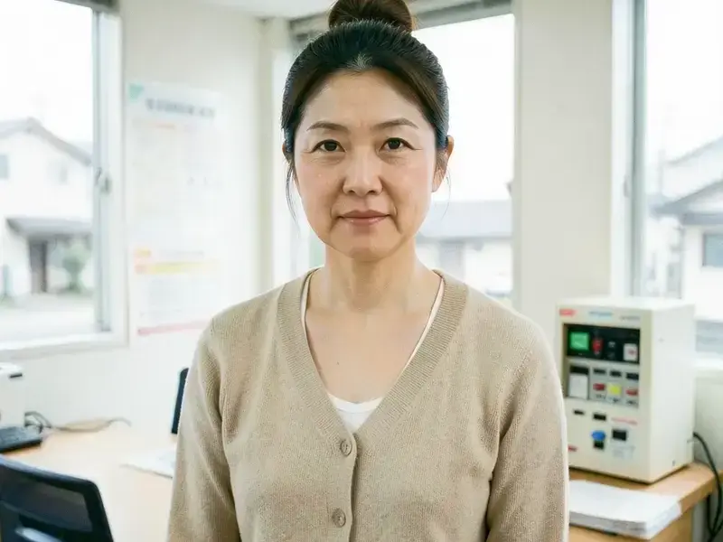 自治体の事務室で電池の回収箱と並ぶ担当者