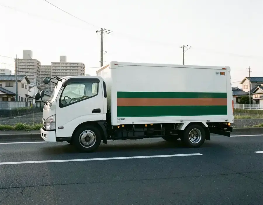 日本の道路を走る白い車体の自社回収車